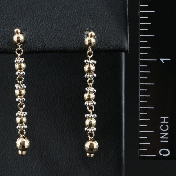 14k ⭐️ Gold Drop Earrings Two Tone Fancy Beaded Link - Picture 3 of 6